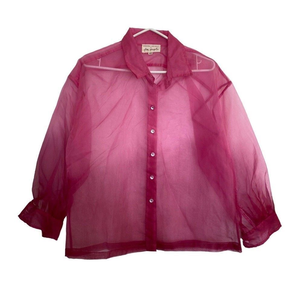FREE PEOPLE x BRENDA KNIGHT Sheer Pink Ombre Button Up Sz Xs Puff Sleeve RARE!!!